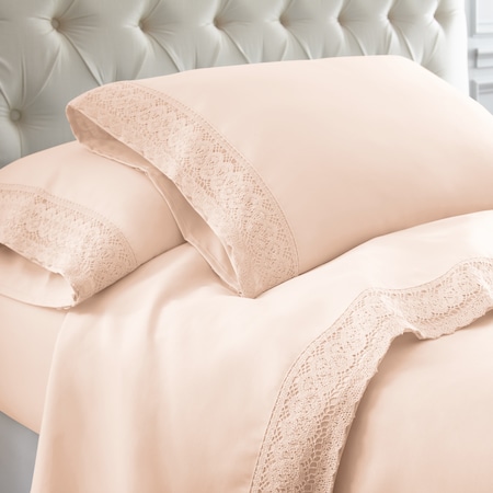 4-Piece Chochet Lace Microfiber Sheet Set Blush Cal King